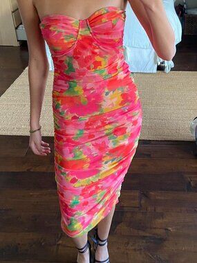 Zara Tulle Mesh Floral Printed Corset Ruched Midi Dress Pink Size Small